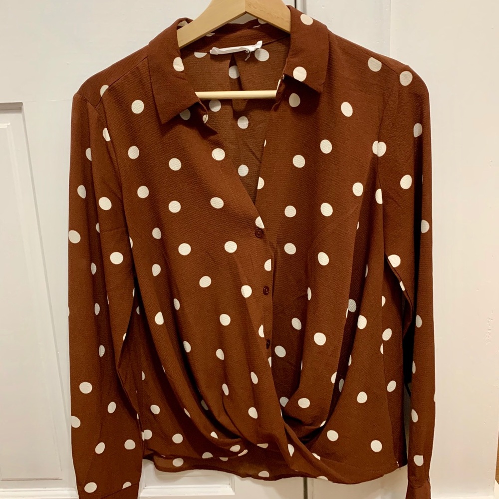 Brown and polka dots size small fancy blouse